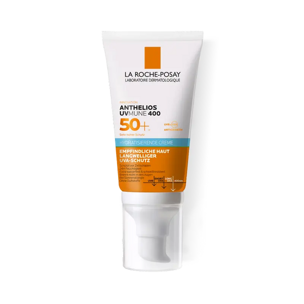 A tube of La Roche-Posay Anthelios UVMune 400 Sunscreen with SPF50+ oil control, primarily white with orange and black text and details.