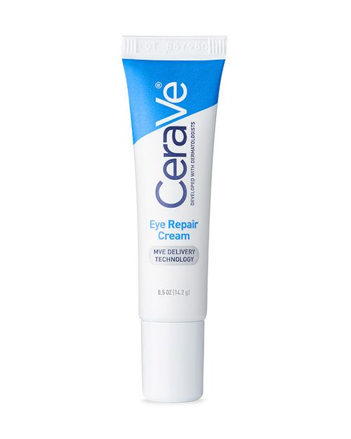 CeraVe Eye Repair Cream in a white tube with blue and white branding, designed for minimizing dark circles and eye puffiness.