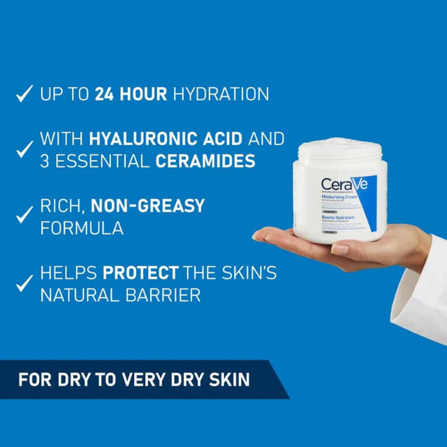 CeraVe moisturizer jar held by a hand with product features listed on a blue background