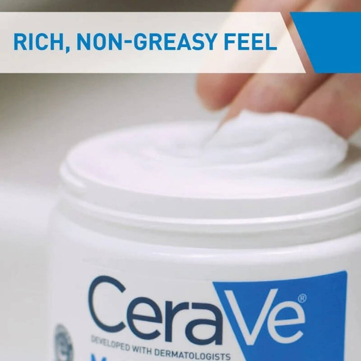 CeraVe jar with cream being scooped out, labeled 'Rich, Non-Greasy Feel'.