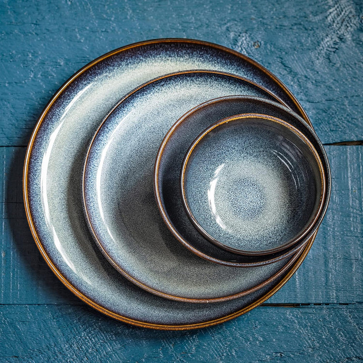 Blue Brown Stoneware Dinner Plates Closeup