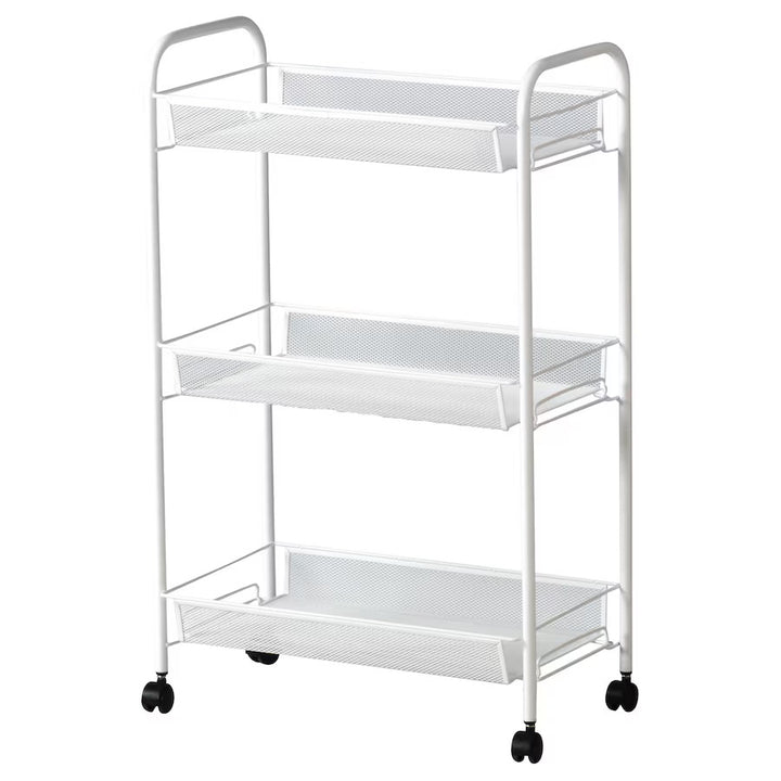 A white trolley with three shelves on wheels, designed for storage and organization in bathrooms or other spaces.