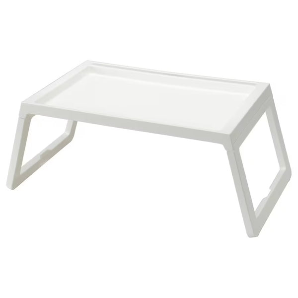 A white rectangular foldable bed tray with visible foldable legs.