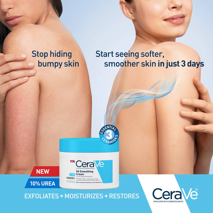 CeraVe SA Smoothing Cream advertisement with a woman showing smooth skin.