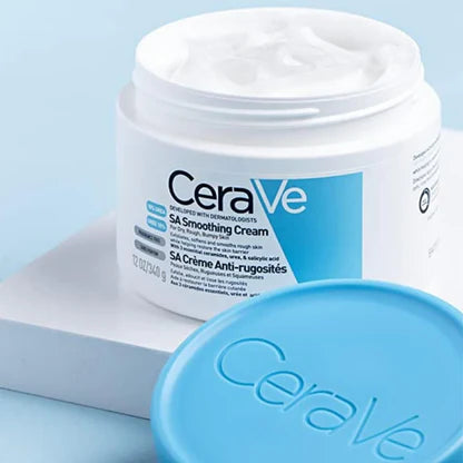 CeraVe SA Smoothing Cream jar on a light blue background