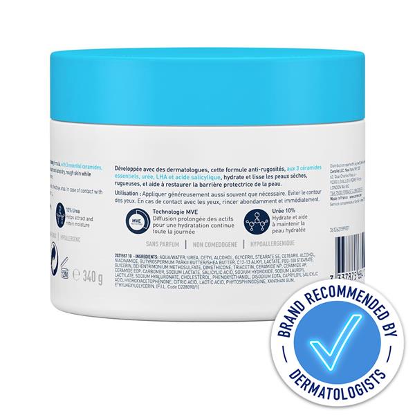 Cosmetic jar with blue lid and white label on a white background, featuring a 'Recommended by Dermatologists' badge.
