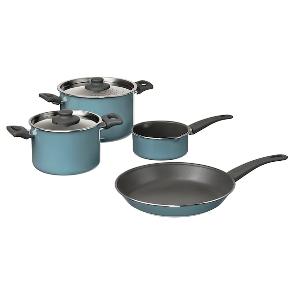 A set of gray and blue cookware including a frying pan, two pots with lids, and a smaller pan, all with black handles.