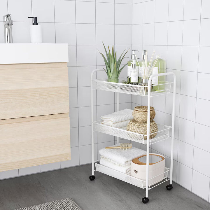 “IKEA HORNAVAN Trolley 26x48x77 – White Steel Storage Cart for Kitchen and Bathroom”