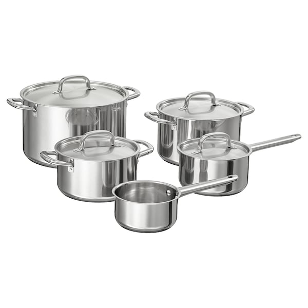 A set of IKEA 365+ stainless steel cookware, including pots with lids and a saucepan with a lid.