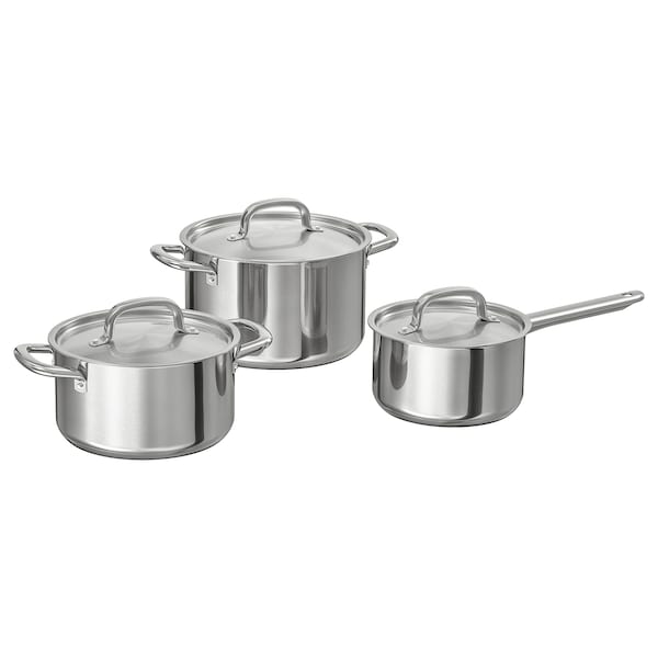 A set of stainless steel cookware, including pots with lids and a saucepan, with a simple and modern design.
