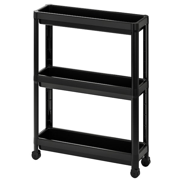 A black two-tiered trolly cart with shelves, designed for bathroom use.