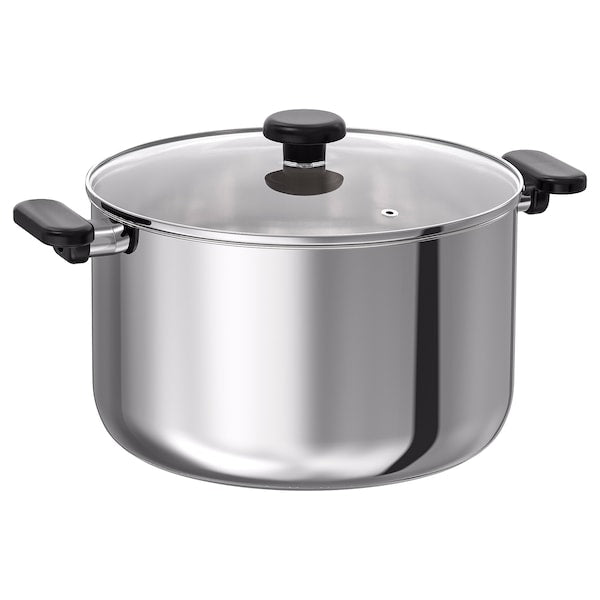 A silver pot with a lid and black handles.